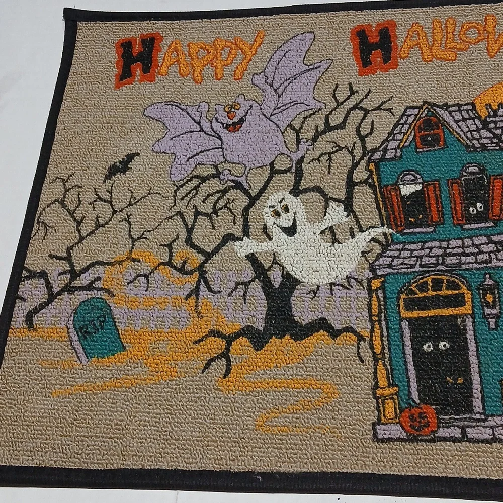 Happy Halloween Vintage Kitsch Cute Door Mat Haunted House Ghosts Bat 24 x 18
